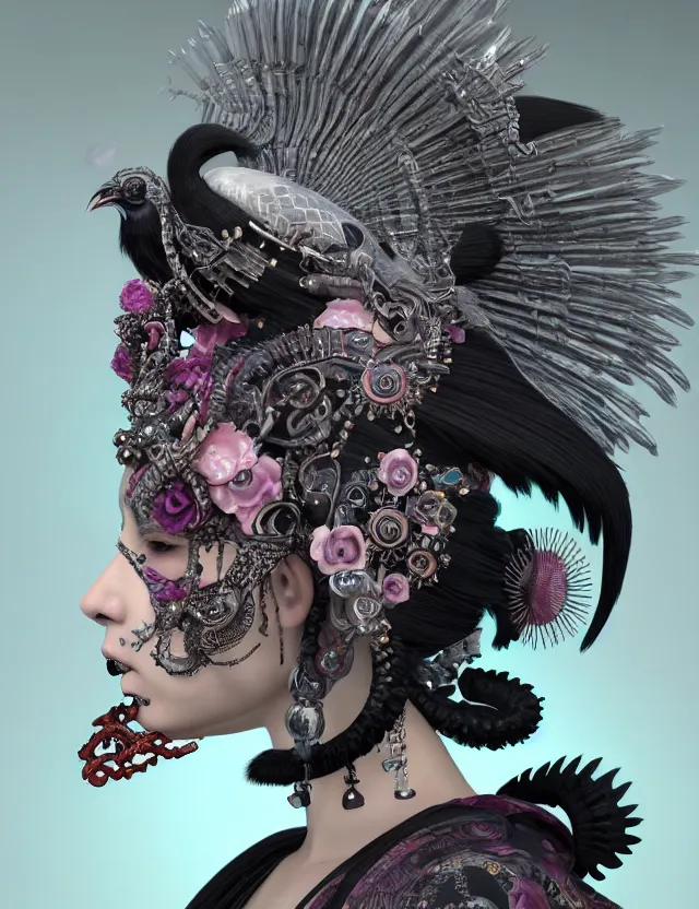 Image similar to 3 d goddess close - up profile portrait punk with mohawk in victorian style with ram skull. beautiful intricately detailed japanese crow kitsune mask and clasical japanese kimono. betta fish, jellyfish phoenix, bio luminescent, plasma, ice, water, wind, creature, artwork by tooth wu and wlop and beeple and greg rutkowski