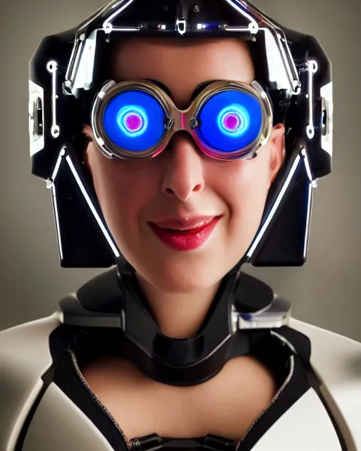 Prompt: centered portrait of playful young sabrina salerno as a solarpunk mecha humanoid robotic parts wearing crystal goggles with bright led lights, real human face, pudica gesture bouguereau style, in white room, ultra - realistic and intricate, soft portrait shot 8 k