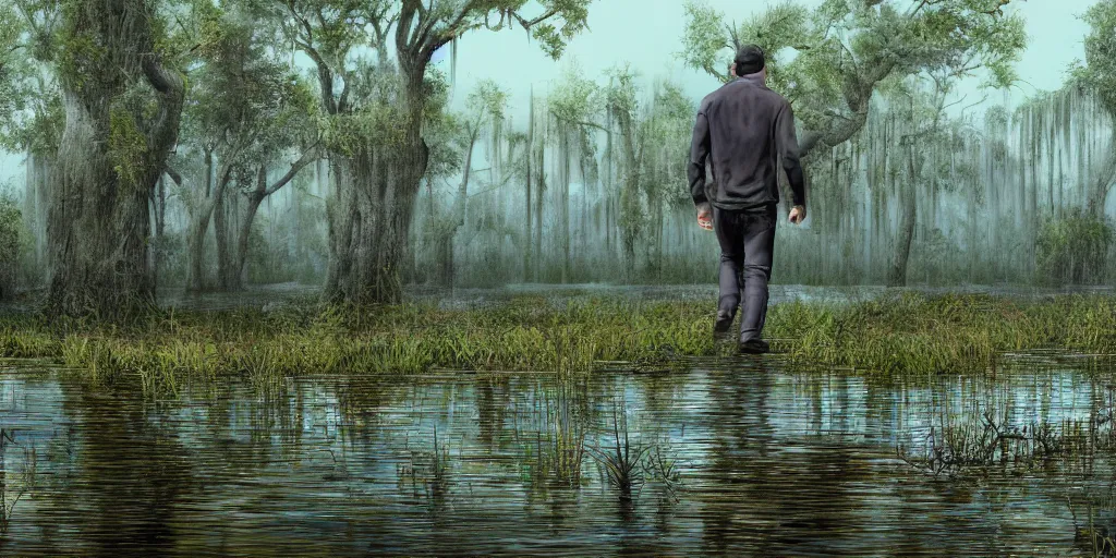 Prompt: A swampy wetland with a man walking through the swamp. Digital art, detailed. Realistic.