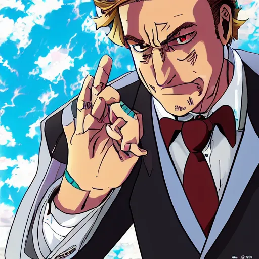 Prompt: saul goodman in the jojo's bizarre adventure anime, in the style of jojo's bizarre adventure by hirohoki araki, anime style, 4 k hd