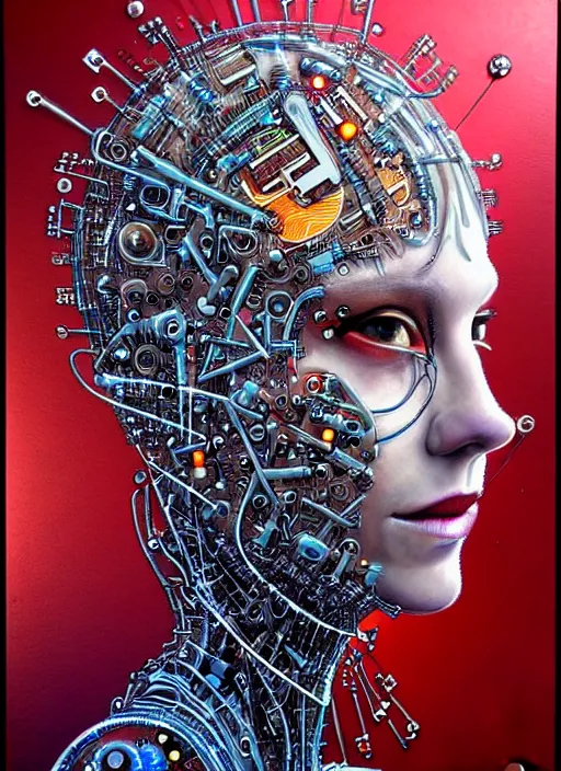 Image similar to biopunk cyborg portrait by julie bell, intricate integrated circuit patterns, detailed!, very sharp!!!