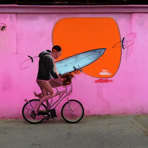 Prompt: a grafitti of a bicycle carrying a surfboard, pink and orange, street art by Etam Cru and Madsteez