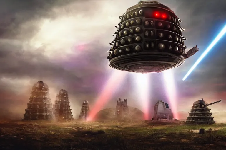 Prompt: colossal Dalek towering over village shooting lasers, realistic, post apocalyptic style, tornadoes, dark clouds, hyper realistic, wide angle