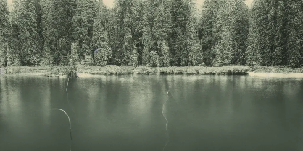 Prompt: symmetrical photograph of a very long rope on the surface of the water, the rope is snaking from the foreground stretching out towards the center of the lake, a dark lake on a cloudy day, trees in the background, anamorphic lens