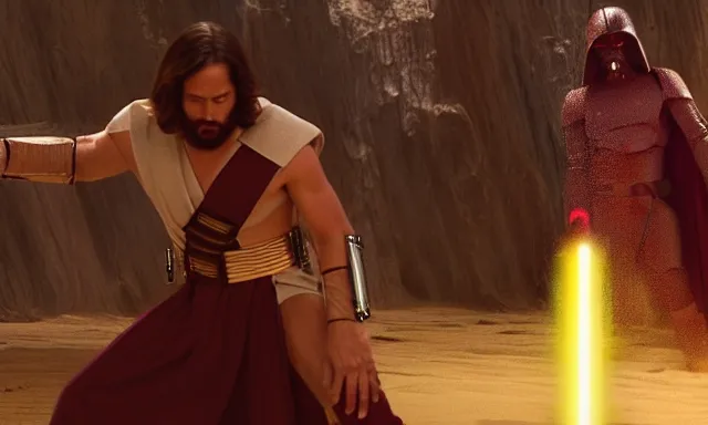 Image similar to full shot photograph of super jesus christ fighting in star wars, using a cross - shaped gold lightsaber, photorealistic, cinematic lighting, extremely detailed, star wars