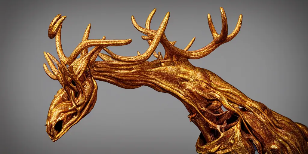 Prompt: stylized shiny polished gold statue full body bizarre extra limbs cosmic horror quadruped animal moose deer skull four legs made of marble of slug worm creature tendrils perfect symmetrical body perfect symmetrical face hyper realistic hyper detailed by johannen voss by michelangelo octane render blender 8 k displayed in pure white studio room anatomical deep red arteries veins flesh hell