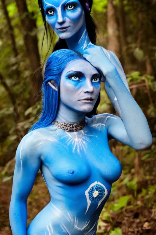 Prompt: a romanian woman dressed as a blue-skinned female navi from avatar standing in a forest, blue body paint, high resolution film still, 8k, HDR colors, cosplay, outdoor lighting, high resolution photograph, photo by bruce weber, beautiful symmetric face, beautiful gazing eyes