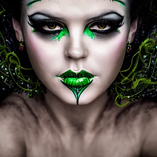 Image similar to gorgeous portrait of a woman as personification of envy (from 7 deadly sins), eyes on camera,intricate detail and composition, symmetric, eyes staring at camera, symmetric face paint, Leica Vario-Elmar-S 30-90mm f/3.5-5.6 ASPH