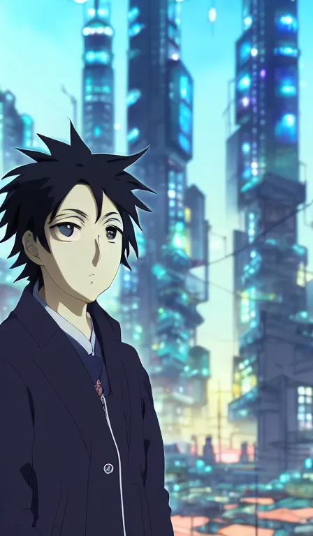 Image similar to anime fine details portrait of Tanjiro Kamado in front of cyberpunk moder city landscape on the background deep bokeh, close-up view, anime masterpiece by Studio Ghibli. 8k, sharp high quality anime, artstation