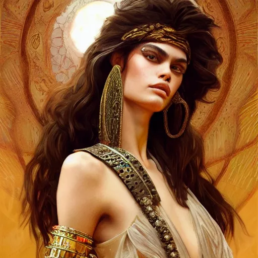 Image similar to Kaia Gerber as Cleopatra, intricate, elegant, highly detailed, digital painting, artstation, concept art, smooth, sharp focus, illustration, art by artgerm and greg rutkowski and alphonse mucha