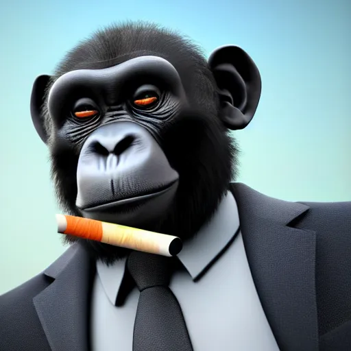 Image similar to a high detail shot of a chimp wearing a suit, smoking, unreal engine