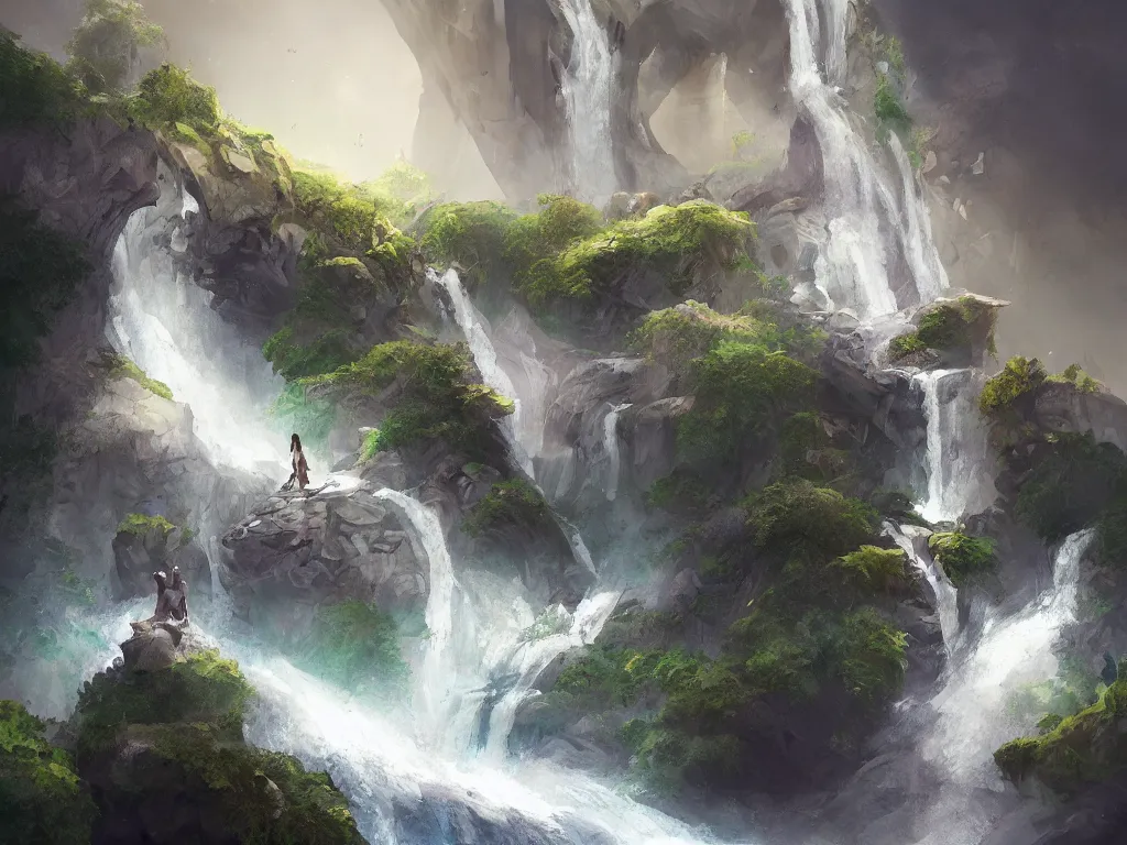 Image similar to A beautiful concept art painting of a giant levitating stone with waterfalls falling off its edges, by Natasha Tan, trending on artstation, dramatic lighting