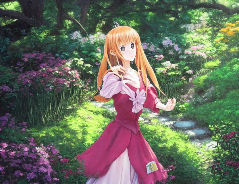 Image similar to ugly unattractive princess in the garden. oil painting by award - winning mangaka. backlighting, chiaroscuro, depth of field, luminescent colors.