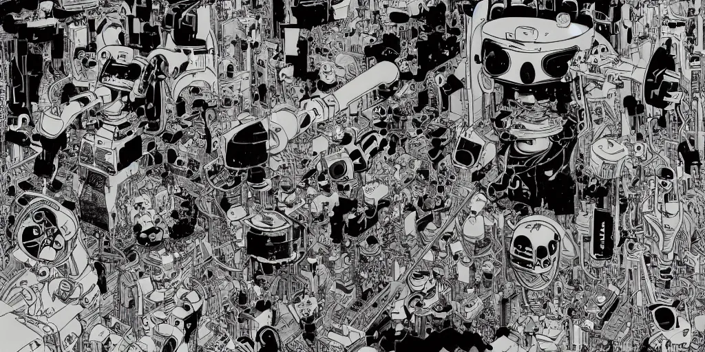 Prompt: gigantic robotic drones with lasers with human faces catch tiny robots, a lot of exotic plants around, human heads everywhere, risograph by satoshi kon and moebius, no text!, colorful flat surreal design, black & white, super - detailed, a lot of tiny details, fullshot