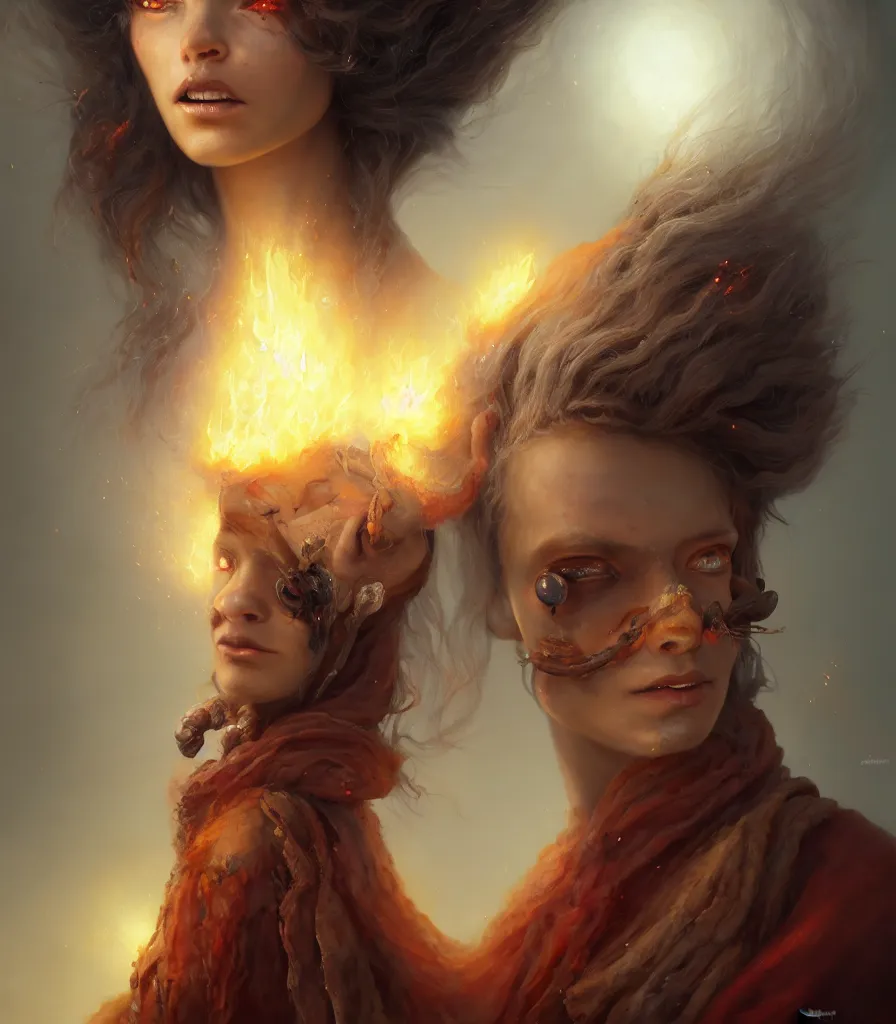 Prompt: portrait oil painting | single character | full medium shot | front close - up | dressed in long rags with minerals, fire in your hair, ethereal, accurate goddess, tiny mineral embellishments on the face, particles, octane render, devianart, fine art, intrincate. by peter mohrbacher, marc simonetti, anna podedwor