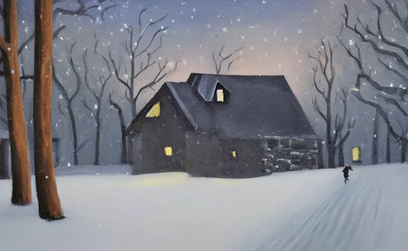 Image similar to snowy dark night scene depicting a single house in the woods with one bright window and a man running away from it. oil painting.