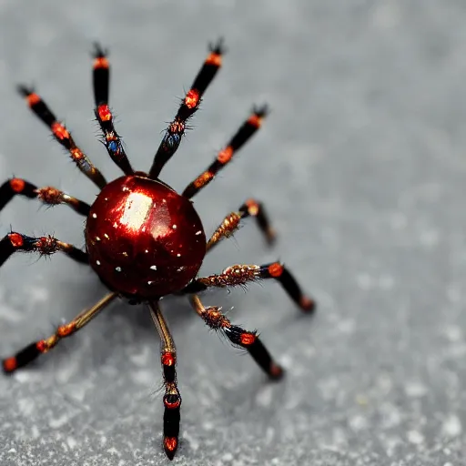 Image similar to macro photograph of a miniature mechanical spider made of silver and garnets, flickr