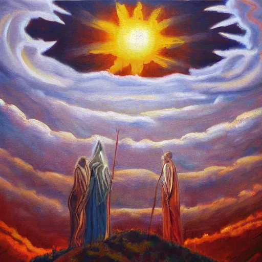 Image similar to the cult of the sun oil painting