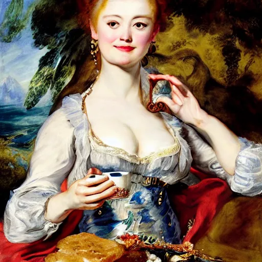 Image similar to heavenly summer sharp land sphere scallop well dressed lady drinking a starbucks coffee cup, auslese, by peter paul rubens and eugene delacroix and karol bak, hyperrealism, digital illustration, fauvist, starbucks coffee cup