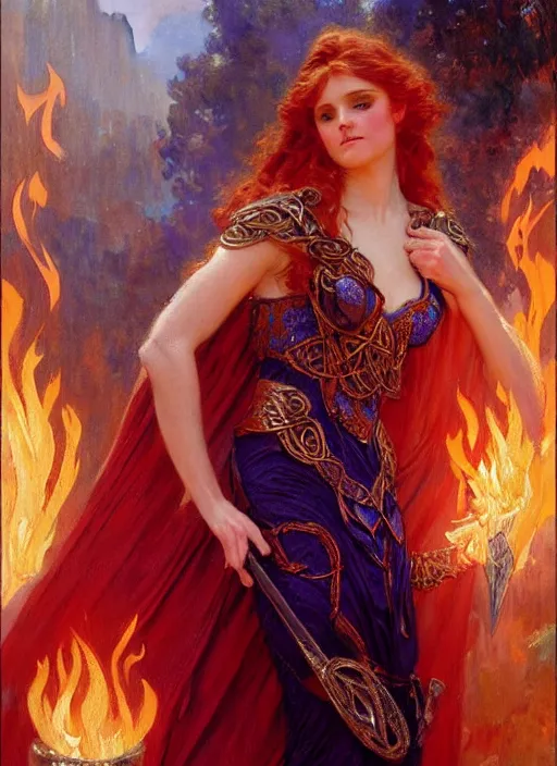 Image similar to young celtic woman, goddess of fire, flowing gown, smug expression, highly detailed painting by gaston bussiere, craig mullins, j. c. leyendecker 8 k, art nouveau