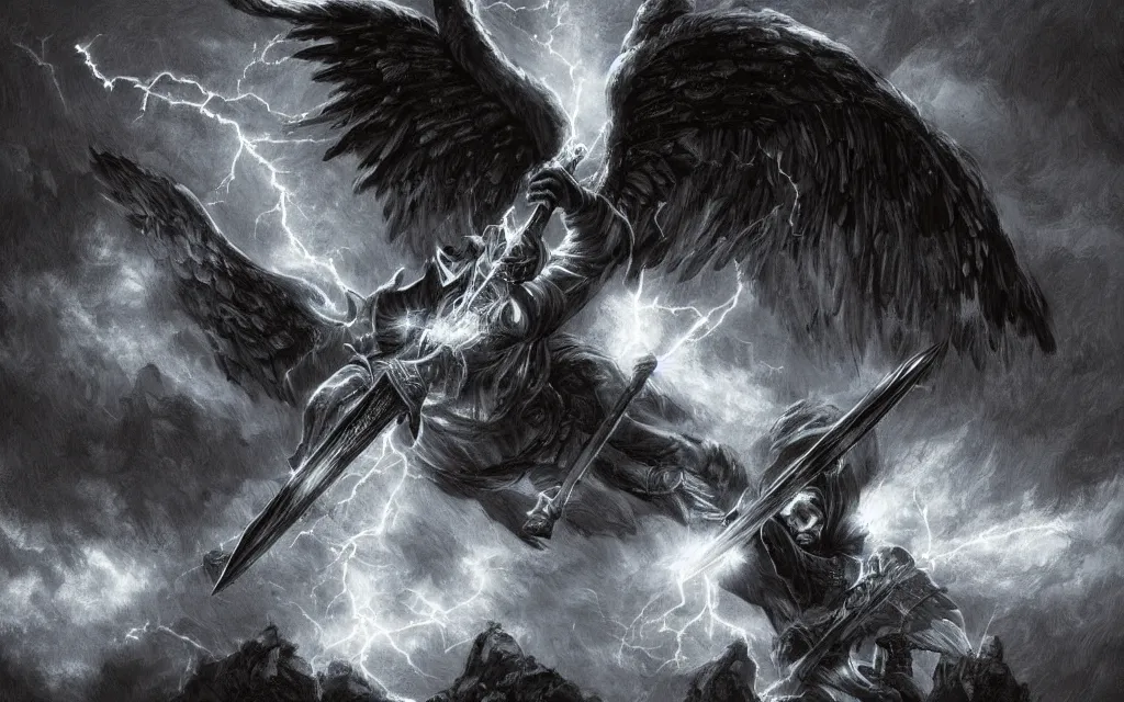 Prompt: fantasy horror illustration of a dark avenging angel wielding a glowing sword, majestic angel wings, thunderstorm, lightning strikes