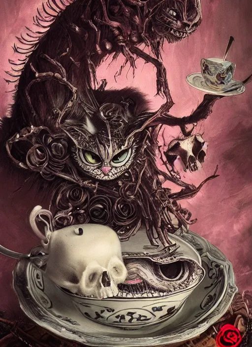 Image similar to Cheshire Cat having tea, Death Tarot card,highly detailed,half skull face,cinematic,8k,by Stanley Artgermm,Tom Bagshaw,Greg Rutkowski,Carne Griffiths, Ayami Kojima, Beksinski, Giger,trending on DeviantArt,hyper detailed,horror, full of colour