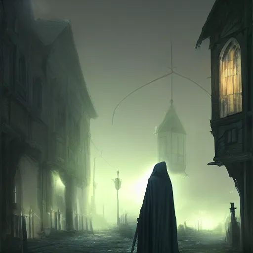 Image similar to Grim reaper standing between buildings in a medieval town at night, fantasy art, octane render, highly detailed, art by greg rutkowski