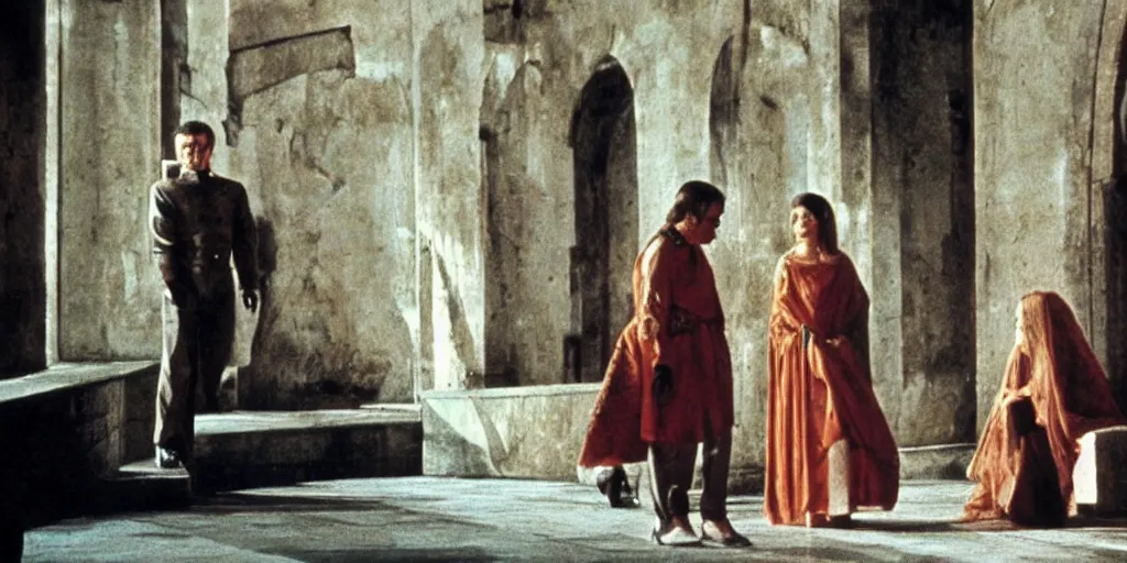 Prompt: a scene from the movie la felicita ( 1 9 7 1 ) by luchino visconti with mastroianni and claudia cardinale entering a cyberpunk!!!! city reminiscent of the ideal city by piero della francesca. technicolor, cinematic, 5 0 mm, highly detailed