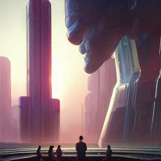 Image similar to professional painting of tiny people praying to monumental conscious supercomputer with huge - hologram - head!!!! in the center of endless colossal server room, trending on artstation, cyberpunk, sci - fi, futuristic, by greg rutkowski and maciej kuciara, high quality