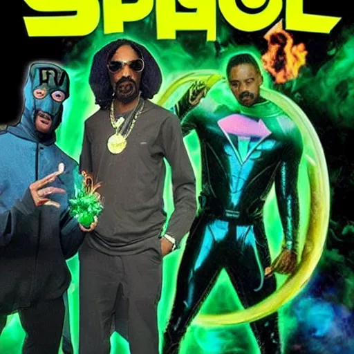 Image similar to Snoop Dogg starring as a futuristic Marvel Super Hero holding green fire for a 2019 Marvel Movie poster, epic portait