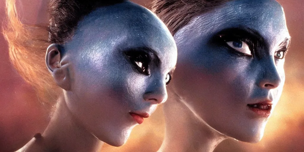 Prompt: beautiful alien woman face portrait on alien planet, still from film directed by james cameron, trending picture