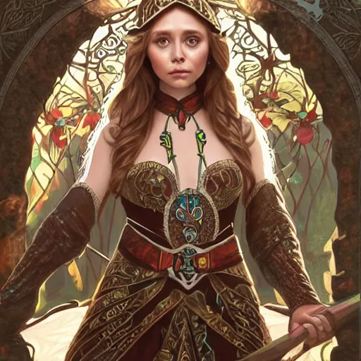 Image similar to Elizabeth Olsen as a elf archer, cute, fantasy, intricate, elegant, highly detailed, centered, digital painting, artstation, concept art, smooth, sharp focus, illustration, art by artgerm and H R Giger and alphonse mucha