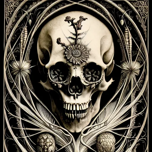 Image similar to art forms of nature by ernst haeckel, memento mori by arthur rackham, ornate antique porcelain beautiful skull mask, ultrasharp, photorealistic, hyperdetailed, octane render, polished, art nouveau, neo - gothic, gothic, intricate ornamental organic filigree, art nouveau botanicals, art forms of nature by ernst haeckel, horizontal symmetry, symbolist, visionary