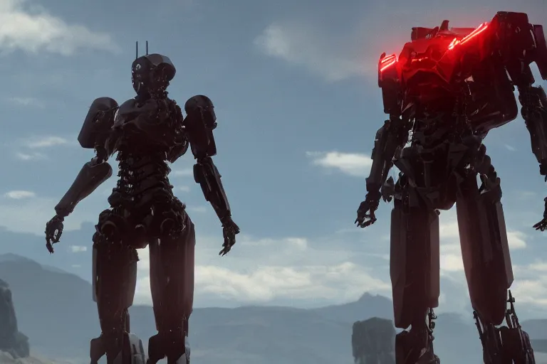 Image similar to a cinematic still from Westworld, red mech, armored core, octane render, nvidia raytracing demo, masterpiece