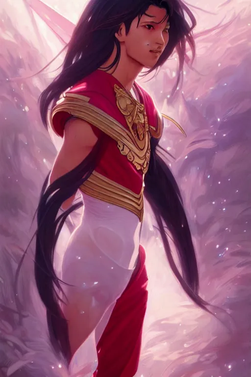 Image similar to a male version of Sailor Mars, fantasy, intricate, elegant, highly detailed, digital painting, artstation, concept art, matte, sharp focus, illustration, art by Artgerm and Greg Rutkowski and Alphonse Mucha