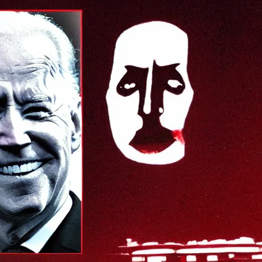 Prompt: dark setting, night time, I look at my window at night to see Joe Biden with red bloodshot eyes creepily staring through my window