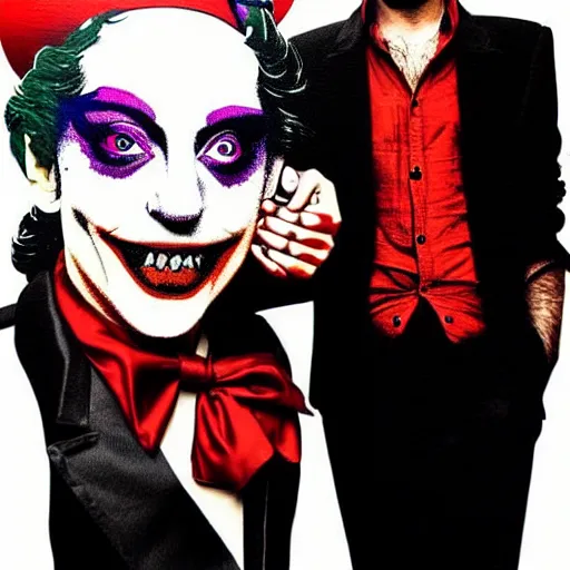 Prompt: mimmo rottela and banksy as joaquin phoenix skinny joker holding hand lady gaga harley queen, photorealistic, intricate details, pop art style, baroque, hyperdetailed, concept art, ultrarealistic, 3 colors, smooth, sharp focus