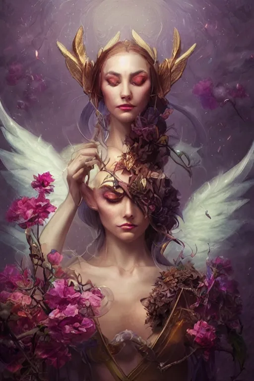 Image similar to portrait of a beautiful elf casting magic spell holding flowers, angel, fantasy, dramatic lighting, highly detailed, digital painting, holding electricity, magic the gathering, hyper detailed, 3 d render, hyper realistic detailed portrait, peter mohrbacher, wlop, ruan jia