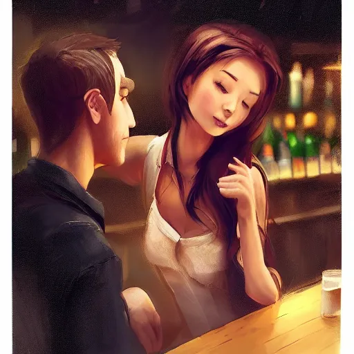 Prompt: a beautiful barmaid trying to cheer up a gloomy guy, sitting in a dark pub at the corner , made by Stanley Artgerm Lau, WLOP, Rossdraws, ArtStation, CGSociety, concept art, cgsociety, octane render, trending on artstation, artstationHD, artstationHQ, unreal engine, 4k, 8k,