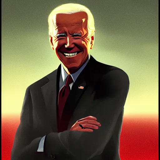 Image similar to joe biden smiling with blood in his face while behind him the world is burning, dramatic lighting, cinematic, establishing shot, extremly high detail, photorealistic, cinematic lighting, artstation, style by James Gurney