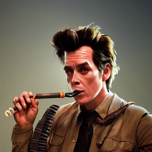 Image similar to hyperrealistic dslr film still of ace ventura smoking cracknpipe, stunning 8 k octane comprehensive 3 d render, inspired by istvan sandorfi & greg rutkowski & unreal engine, perfect symmetry, dim volumetric cinematic lighting, extremely hyper - detailed, extremely lifelike attributes & lifelike texture, intricate, masterpiece, artstation, stunning