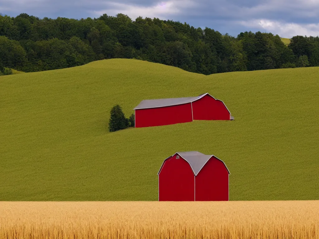 Image similar to A single isolated red barn next to a wheat crop in a lush ravine at noon. Landscape photography, surreal, dreamlike.