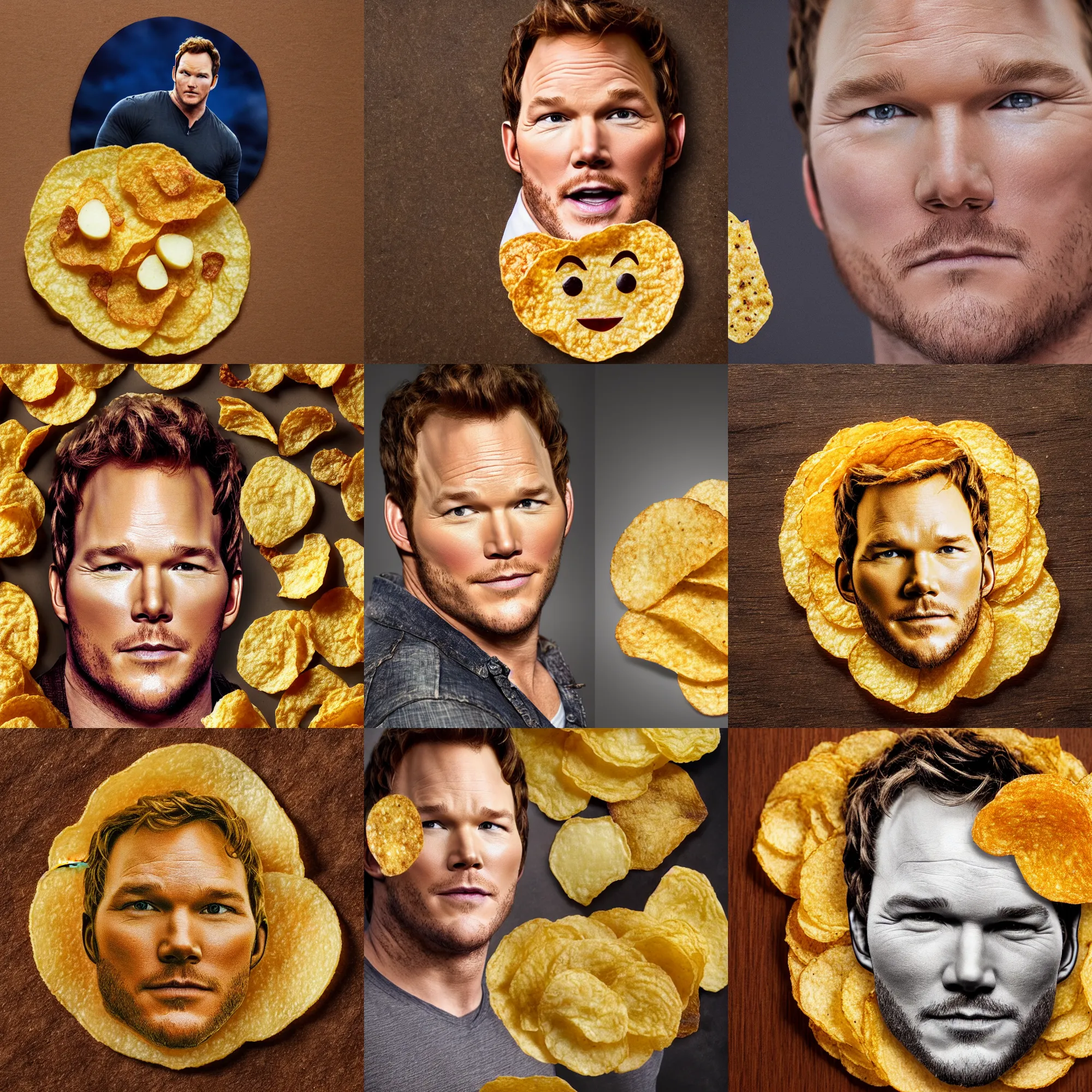 Prompt: chris pratt's face on a potato chip, texture, cross cut potato crisp, macro shot, high detail photo, close up