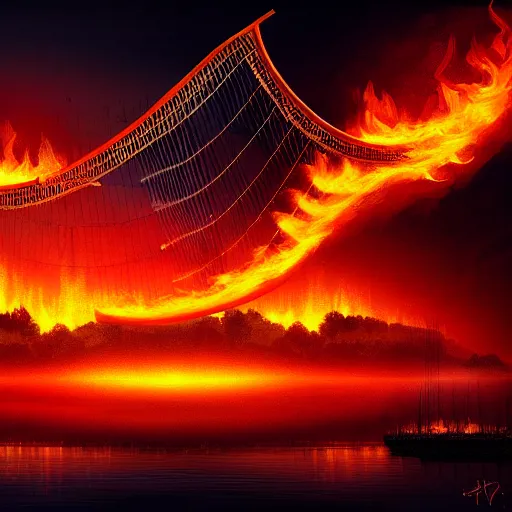 Image similar to in the lower part of the picture is the harp burning in the fire, above are cranes flying in flames, digital painting, concept art