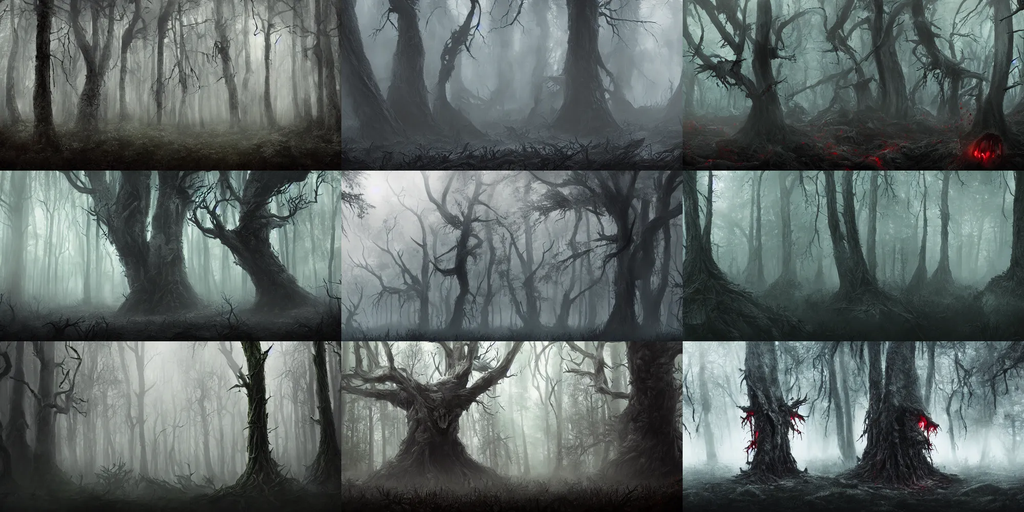 Prompt: dark forest shrouded in mist, a tree with bloody fanged mouth gaping open fangs visible, forbearing, oppressive, epic composition, digital art, concept art, 4 k, highly detailed