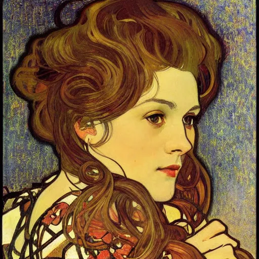 Image similar to portrait by klimt, alphonse mucha