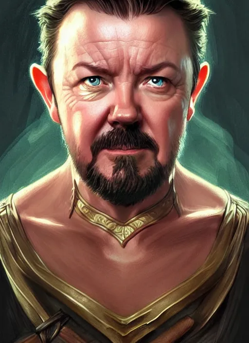 Image similar to portrait of ricky gervais as an elf, d & d, muscular! fantasy, intricate, elegant, highly detailed, digital painting, artstation, concept art, smooth, sharp focus, illustration, art by artgerm and greg rutkowski and alphonse mucha