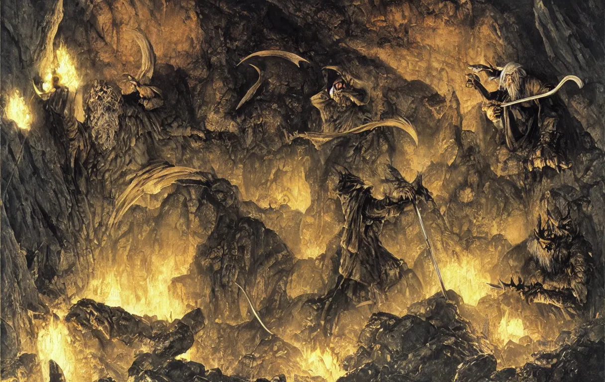 Prompt: gandalf the grey fighting a balrog in the mines of moria, oil painting by Norman Rockwell