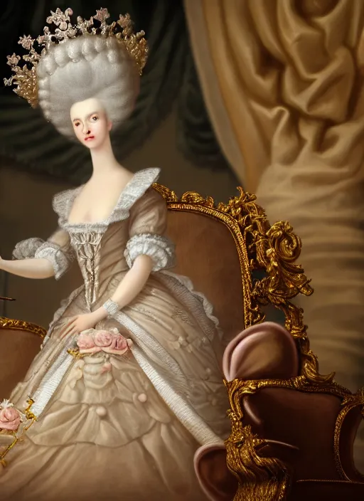 Image similar to highly detailed closeup, simple hand gestures, straight fingers, portrait of marie antoinette wearing a crown and sitting on a throne eating cakes, unreal engine, nicoletta ceccoli, mark ryden, earl norem, lostfish, global illumination, god rays, detailed and intricate environment