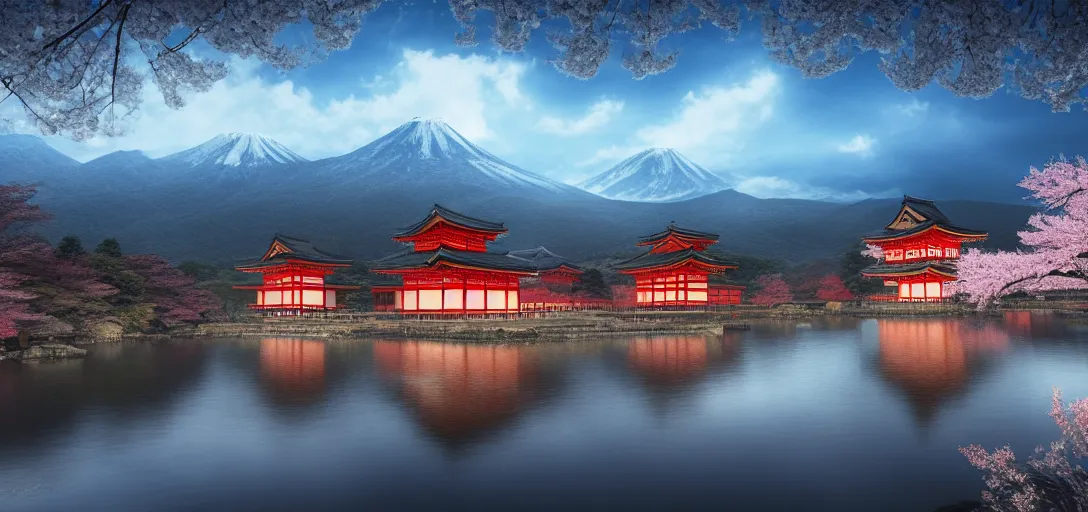 Prompt: very beautiful view of an ancient japanese city at night, large temples with glowing windows, glowing cherry blossom trees, watery lake with dappled reflections, icy mountains in the background, calm clouds, cinematic lighting, ultra detailed, sharp, ambient occlusion, raytracing, by dylan cole, sebastian meyer and jordan grimmer